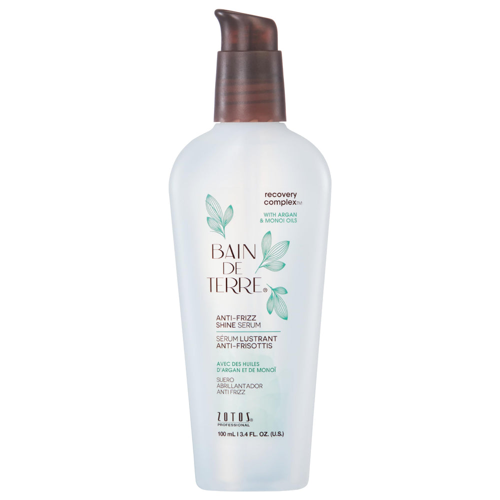 Bain de Terre Recovery Complex Anti-Frizz Serum bottle showing frizz control and shine.