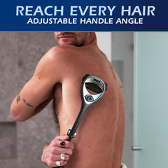 BaKblade 2.0 SilverBak back shaver extended handle shows reach for hard-to-reach areas.