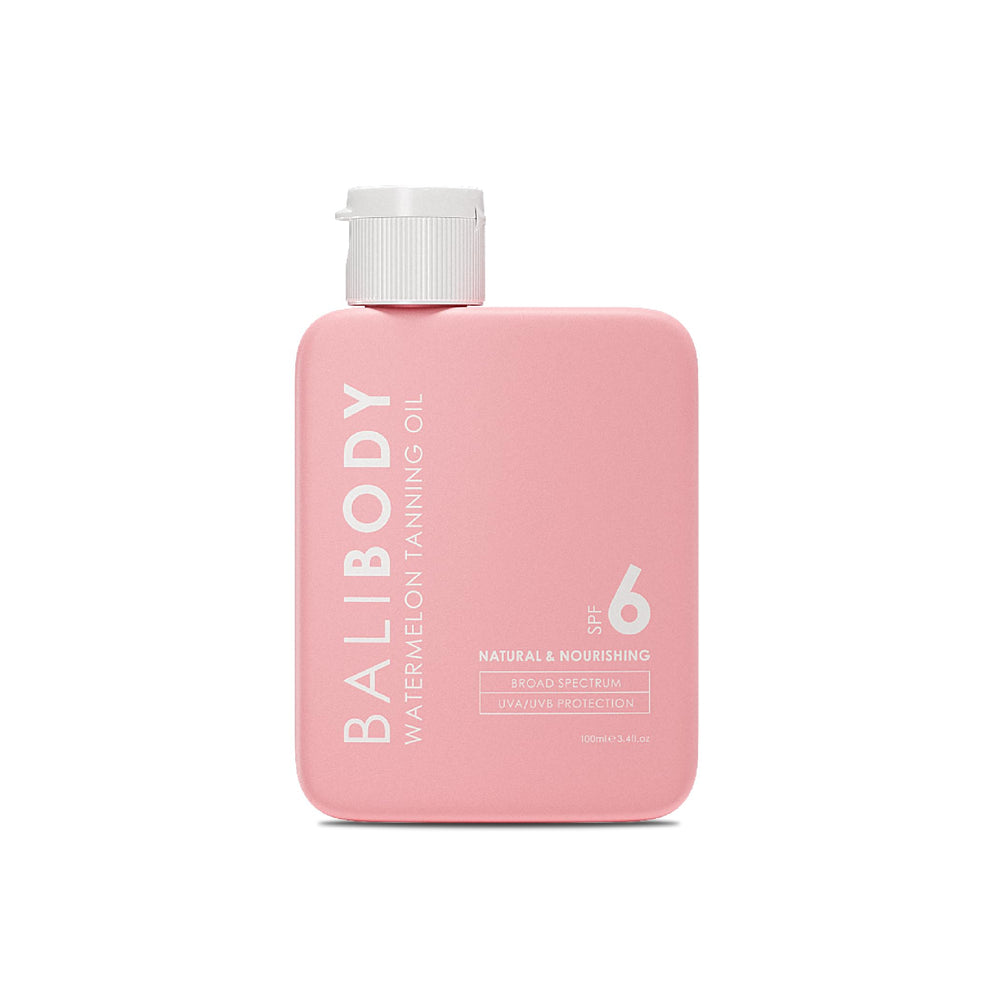 Bali Body Watermelon Tanning Oil SPF 6 bottle shown on a bright surface for a natural glow