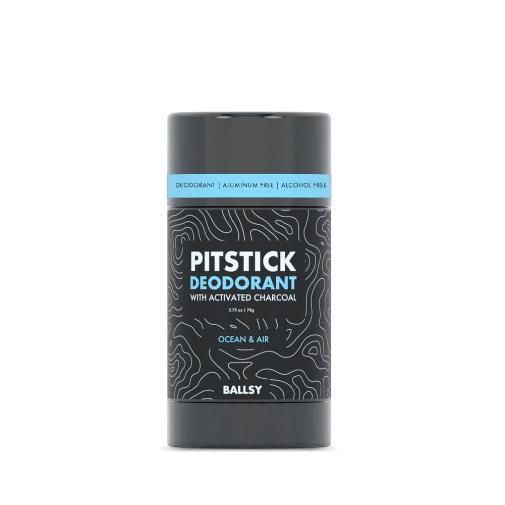 Ballsy Pitstick desodorante carbón activado en empaque, conveniente para viaje