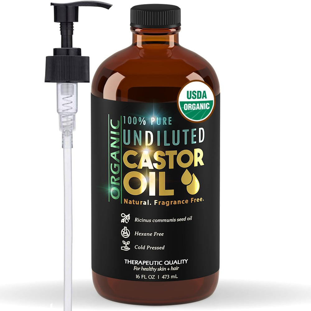 BALM OF GILEAD castor oil in amber bottle with pump for easy daily use.