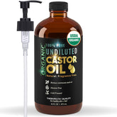 BALM OF GILEAD castor oil in amber bottle with pump for easy daily use.