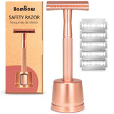 Bambaw double edge razor stand shows rose gold finish for organized storage.
