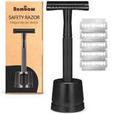 Bambaw double-edge safety razor with black handle and stand for a smooth daily shave