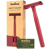 Bambaw safety razor with red metal handle for precise, comfortable shaves.