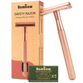 Bambaw safety razor rose gold closeup highlights premium design and close shave potential.