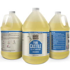 Bamboo and Birch Pure Castile Soap Liquid bottle pouring, versatile for body, face, and home.