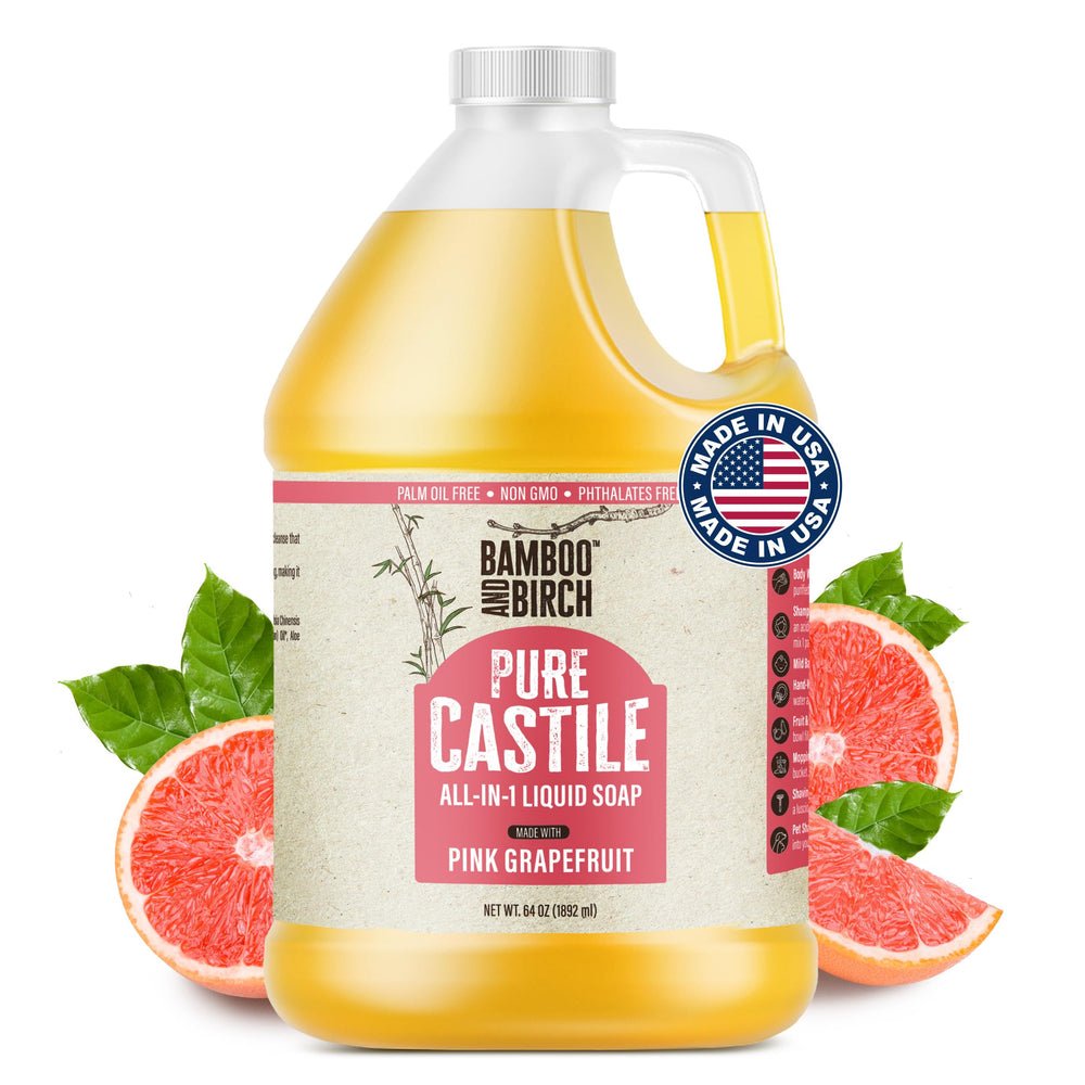 BAMBOO AND BIRCH Pure Castile Soap bottle on countertop for daily cleansing