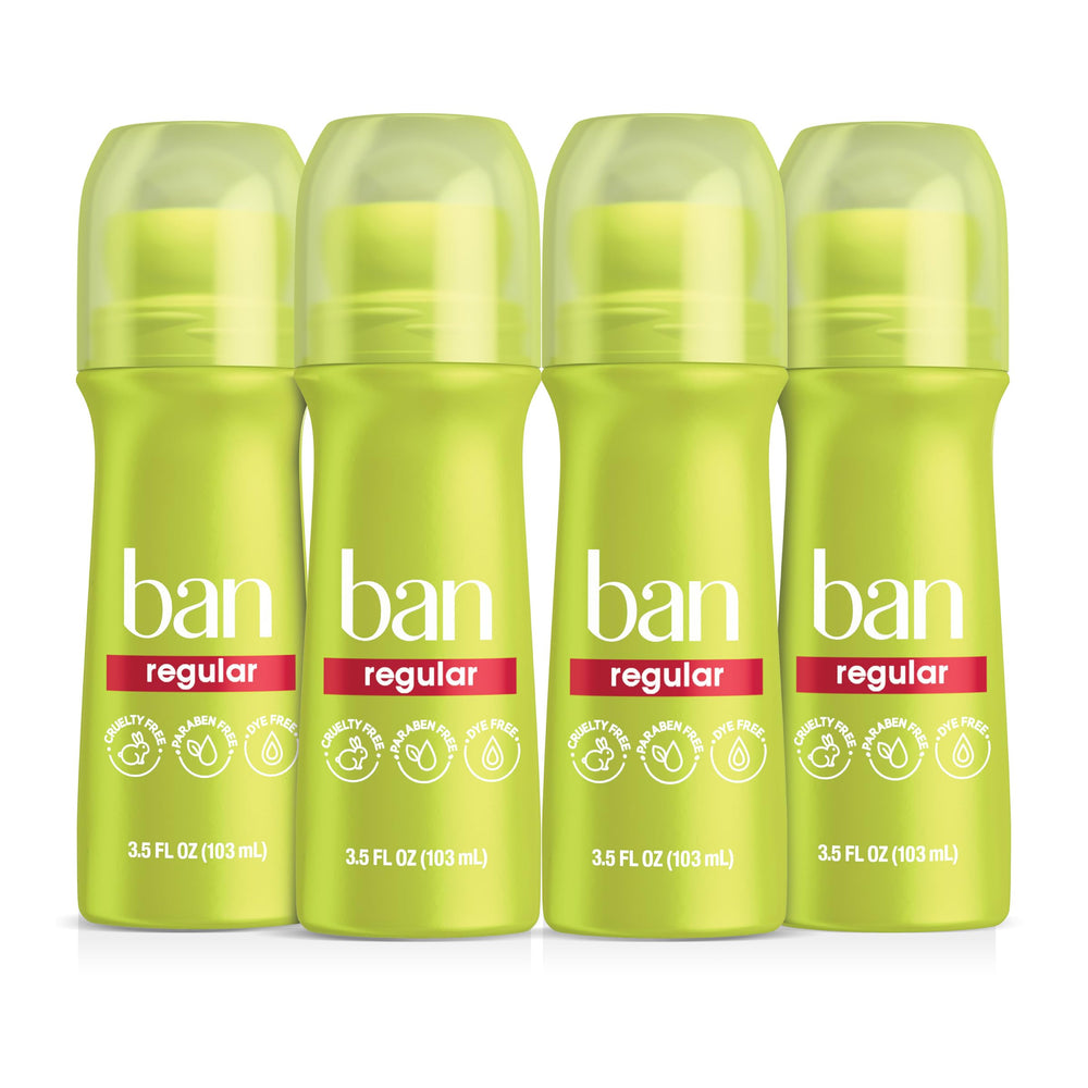 Ban desodorante invisible roll-on, botella clara, protección diaria sin manchas en la ropa.