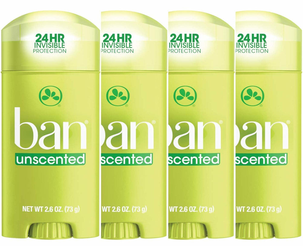 Ban Desodorante Invisible sin fragancia, protección 24h en empaque de cuatro.