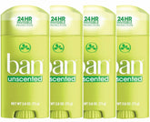 Ban Desodorante Invisible sin fragancia, protección 24h en empaque de cuatro.