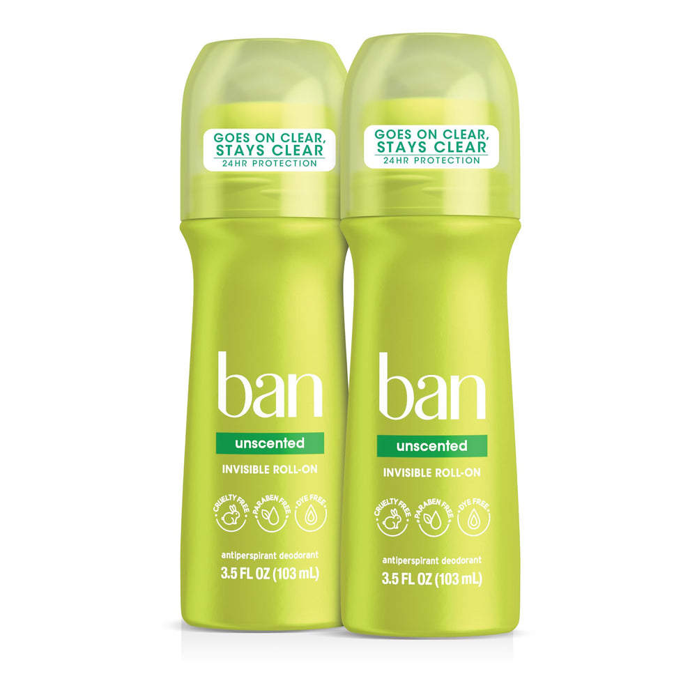 Ban Invisible Roll-On bottle applying clear protection against underarm odor.