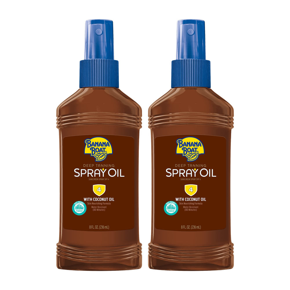 Banana Boat Deep Tanning Oil Aerosol SPF 4, botella lista para bronceado suave y uniforme.