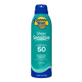 Banana Boat Sheer Sensitive Spray, botella con protección SPF 50 para piel sensible.