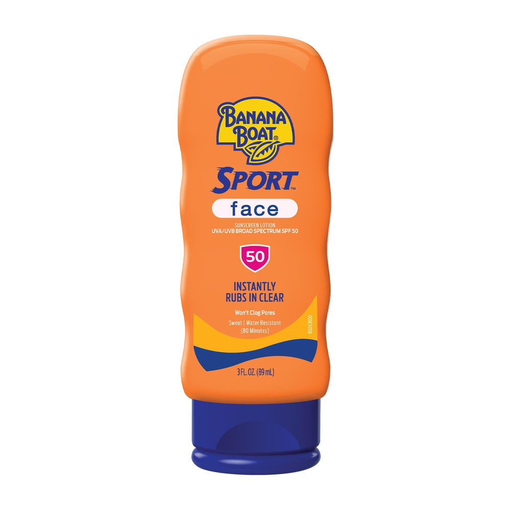 Banana Boat Sport Face SPF 50 bottle applying smoothly with no white residue
