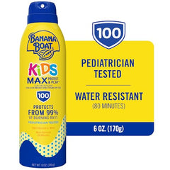 Banana Boat Kids Max Protect & Play spray, aplicación continua para piel sensible.