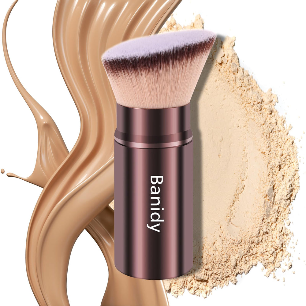 Banidy retractable kabuki brush with brown cap for portable touch-ups.
