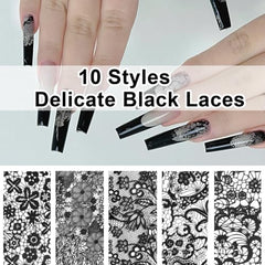Baoyaalin diseños de encaje para uñas con flores, negro y blanco, opción elegante.