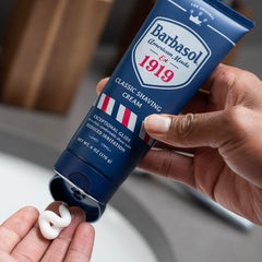 Barbasol 1919 Classic Shaving Cream foam texture close-up, showcasing nourishing aloe, coconut oil, and shea butter.