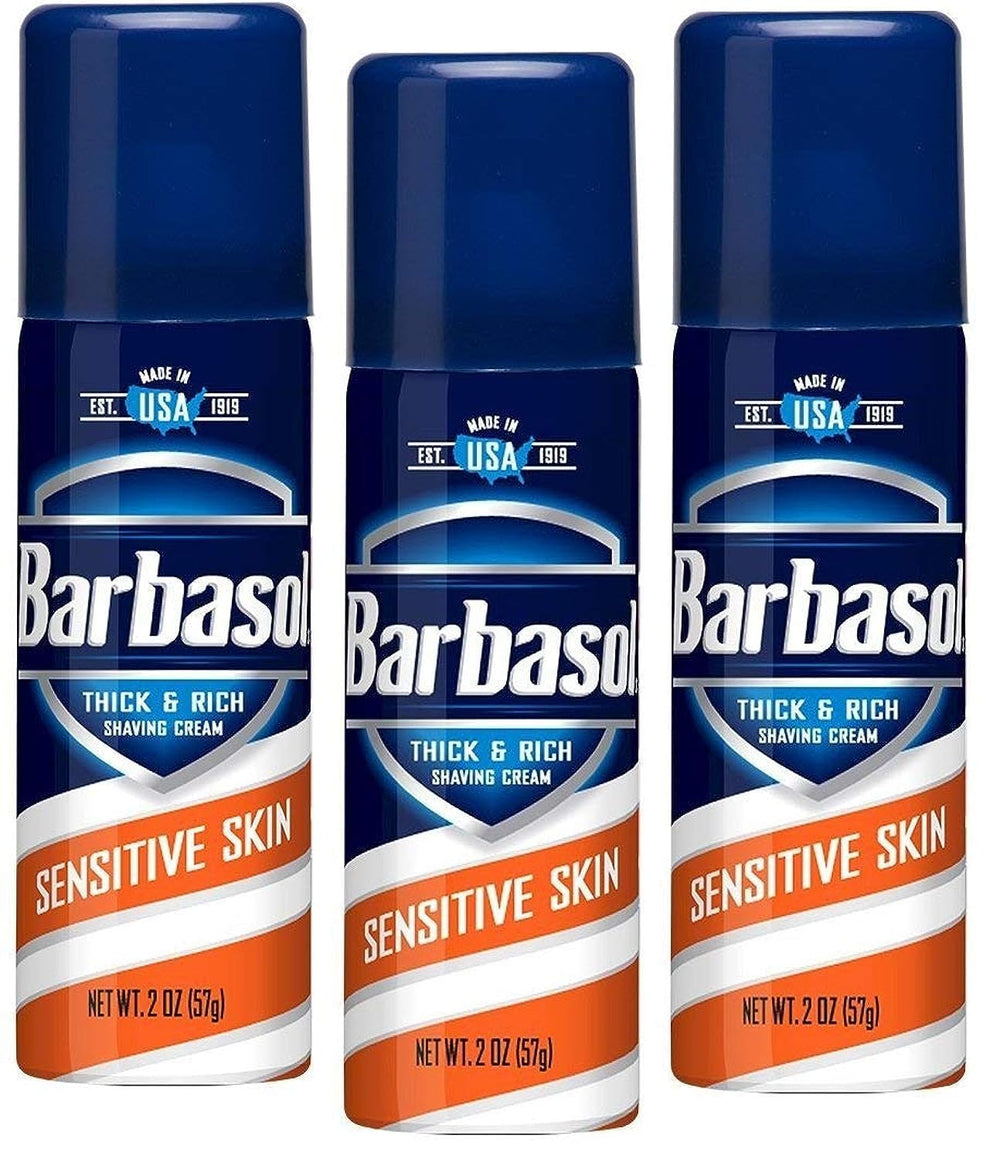 Barbasol Sensitive Skin travel-size shave cream 2 oz bottle provides gentle hydration for sensitive skin.