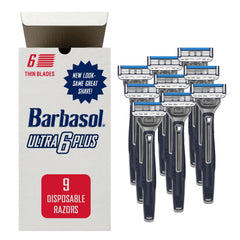 Barbasol Ultra 6 Plus razor close shave with ultra-thin blades for precision.