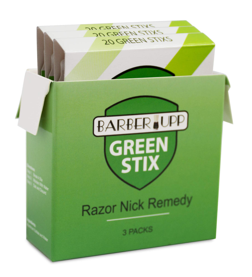 BARBERUPP Green Stix 3-pack in-hand for quick nick relief during shaving