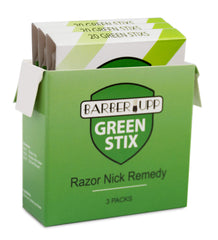BARBERUPP Green Stix 3-pack in-hand for quick nick relief during shaving
