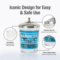 BARBICIDE disinfectant jar anti-splash handle enables precise, spill-free lifting of tools.