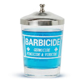 BARBICIDE disinfectant jar with crystal-clear glass for quick solution checks and safer tool immersion.