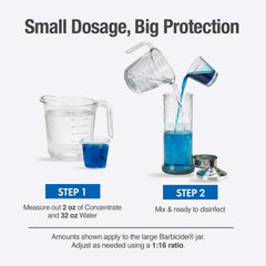 BARBICIDE large anti-splash handle reduces spills when lowering items.