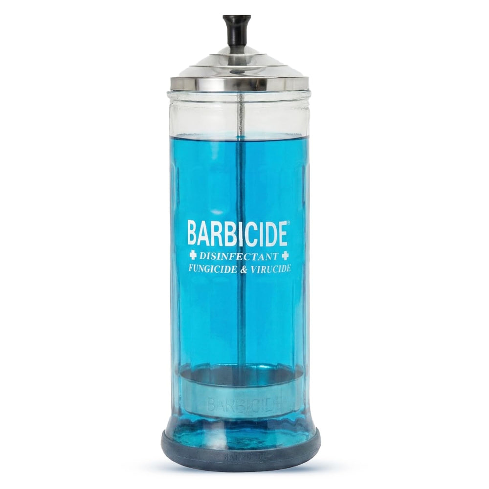BARBICIDE large glass immersion container for precise solution monitoring and hygienic tool sanitizing.