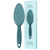 Bare August glass foot file with handle gently buffs dry skin for smooth feet.