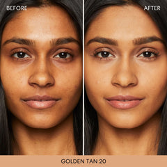 BareMinerals Golden Tan 20 swatch on skin for sun-kissed warmth.