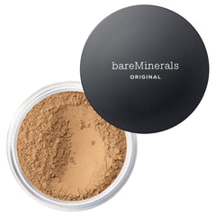 bareMinerals Original Loose Powder Foundation packaging showcases vegan formula and luminous finish.