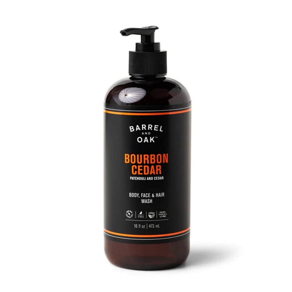 Barrel & Oak All-in-One Wash en envase elegante para cara, cuerpo y cabello.