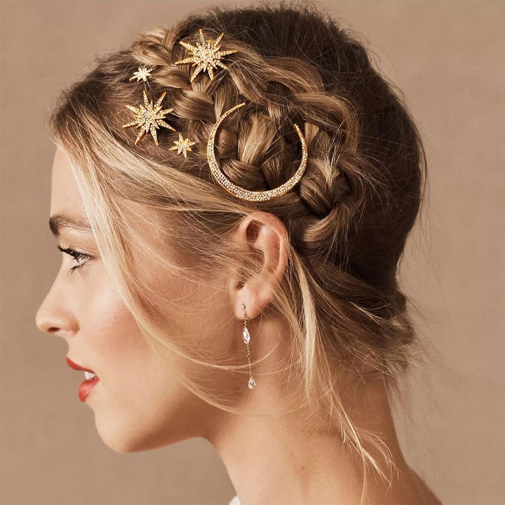 Clip de pelo Bartosi luna y estrella en dorado, ideal para un peinado duradero y elegante