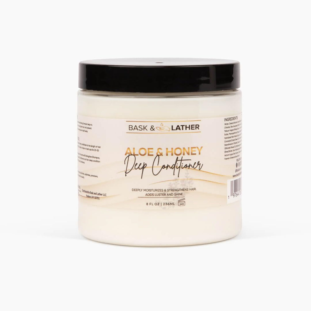 Acondicionador Bask & Lather con Aloe y Miel en frasco, hidrata y restaura elasticidad