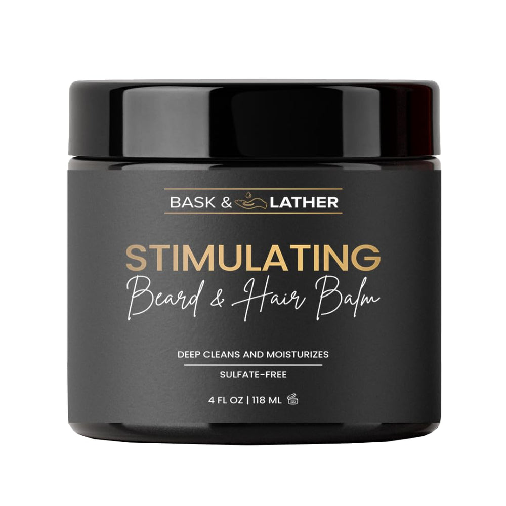 Bask & Lather Stimulating Hair & Beard Balm jar front, nourishes scalp and hair