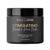 Bask & Lather Stimulating Hair & Beard Balm jar front, nourishes scalp and hair