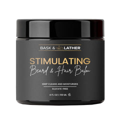 Bask & Lather Stimulating Hair & Beard Balm jar front, nourishes scalp and hair