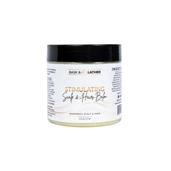 Bask & Lather stimulating scalp balm bottle for soothing scalp care and long-lasting moisture