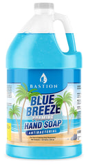 Bastion Blue Breeze bottle pour showing antibacterial foaming soap for quick hand cleansing.