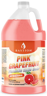 Bastion Pink Grapefruit foaming hand soap bottle showing rich lather for daily handwashing.