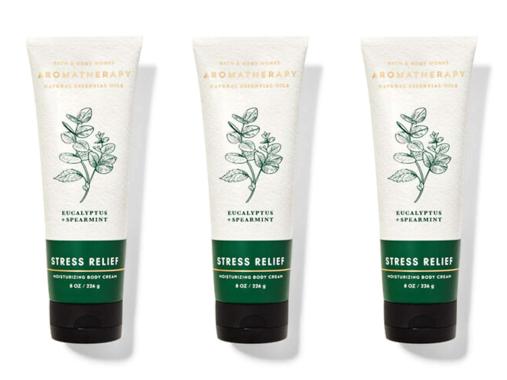 Bath and Body Works Aromatherapy Stress Relief Eucalyptus Spearmint body cream 3-pack helps nourish skin and promote relaxation.