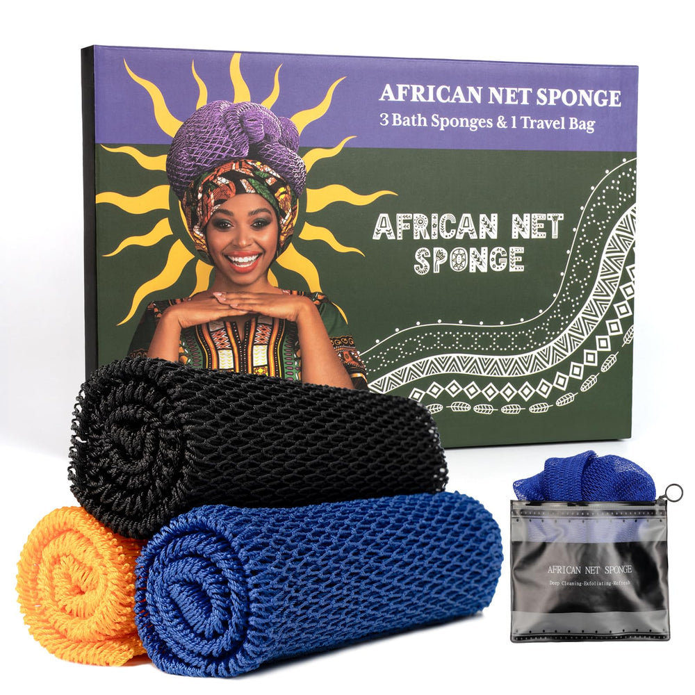 Bathway African Net Sponge 3-piece set with storage bag for easy organization