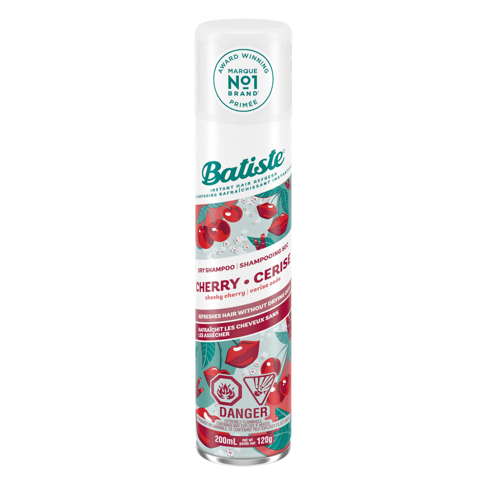 Batiste Cherry dry shampoo bottle with powdery formula, refreshing roots and adding texture.