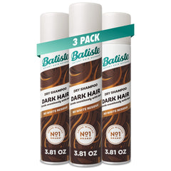 Batiste Dark Dry Shampoo bottles in a 3-pack for fast between-wash refresh.