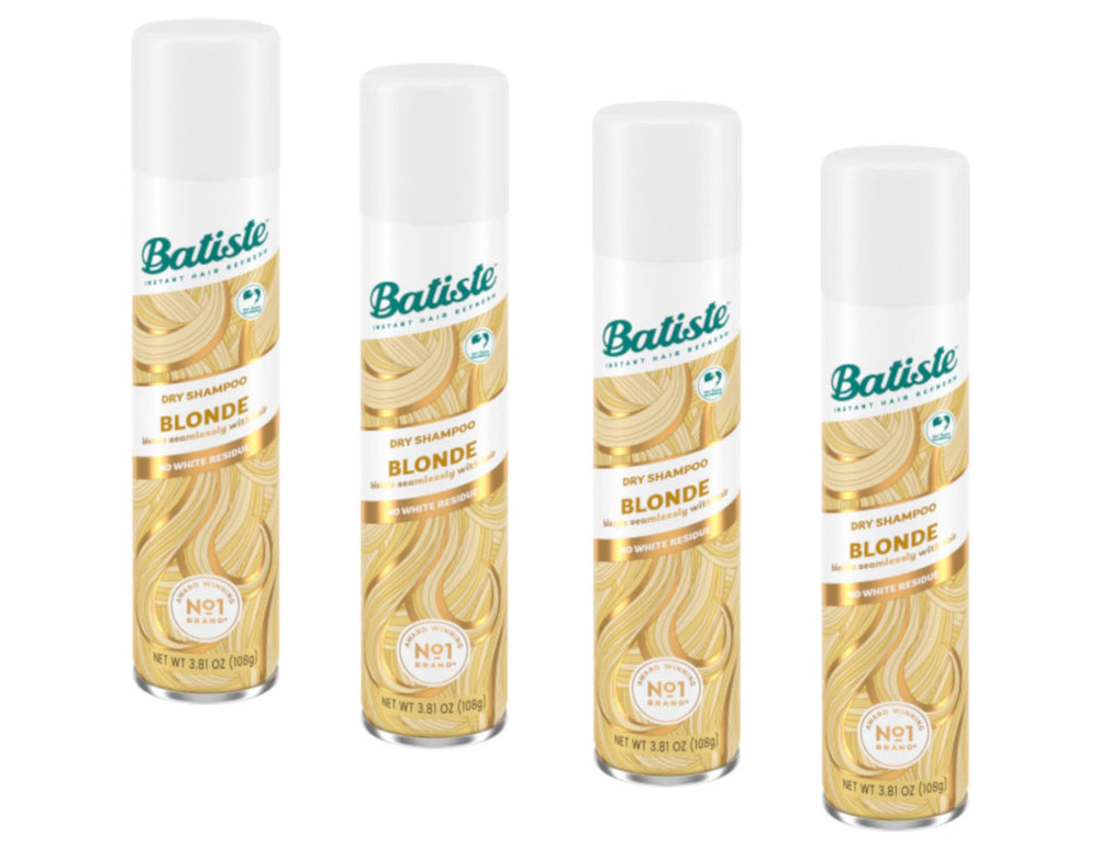 Batiste Brilliant Blonde dry shampoo bottle refreshes roots between washes.