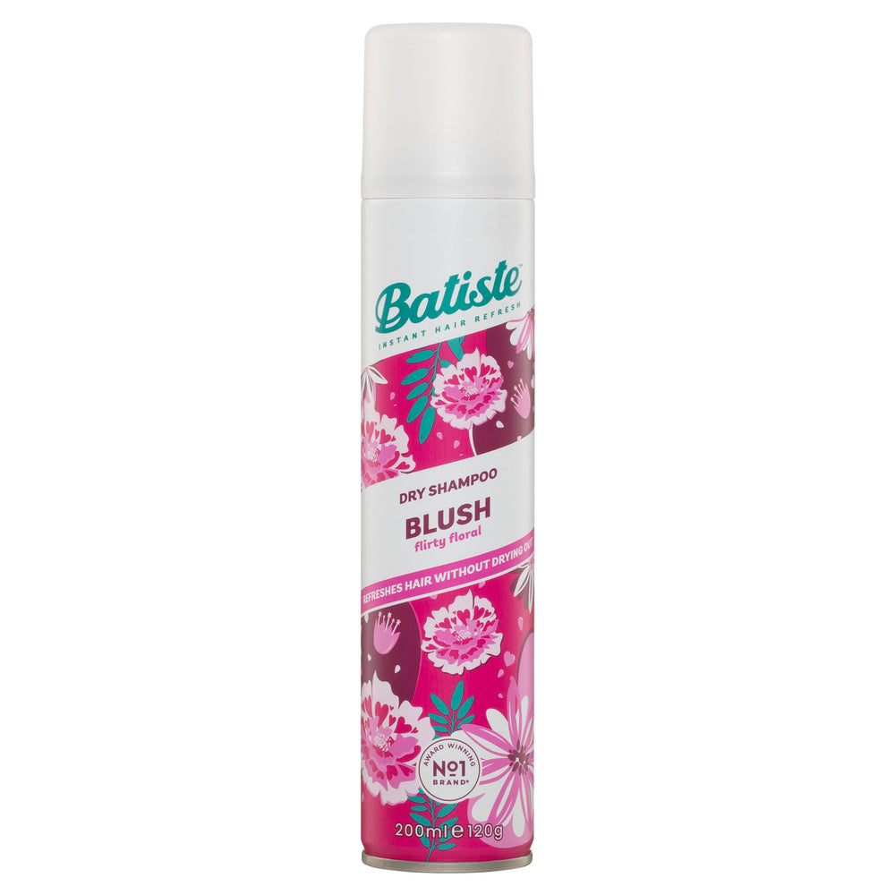 Batiste Dry Shampoo Blush bottle on vanity boosts fullness and freshness