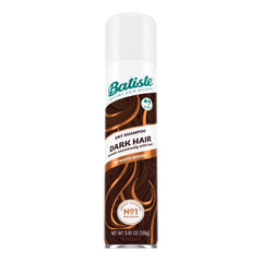 Batiste Dry Shampoo bottle close-up showing dark brown shade and spray nozzle.